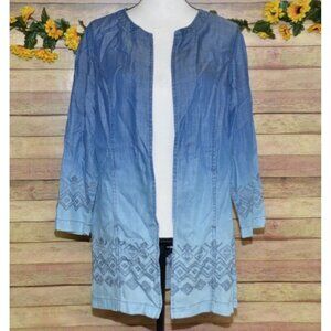 Chico's 1 Blue Ombre Open Front Chambray Shacket Jacket Size M 8  Pockets